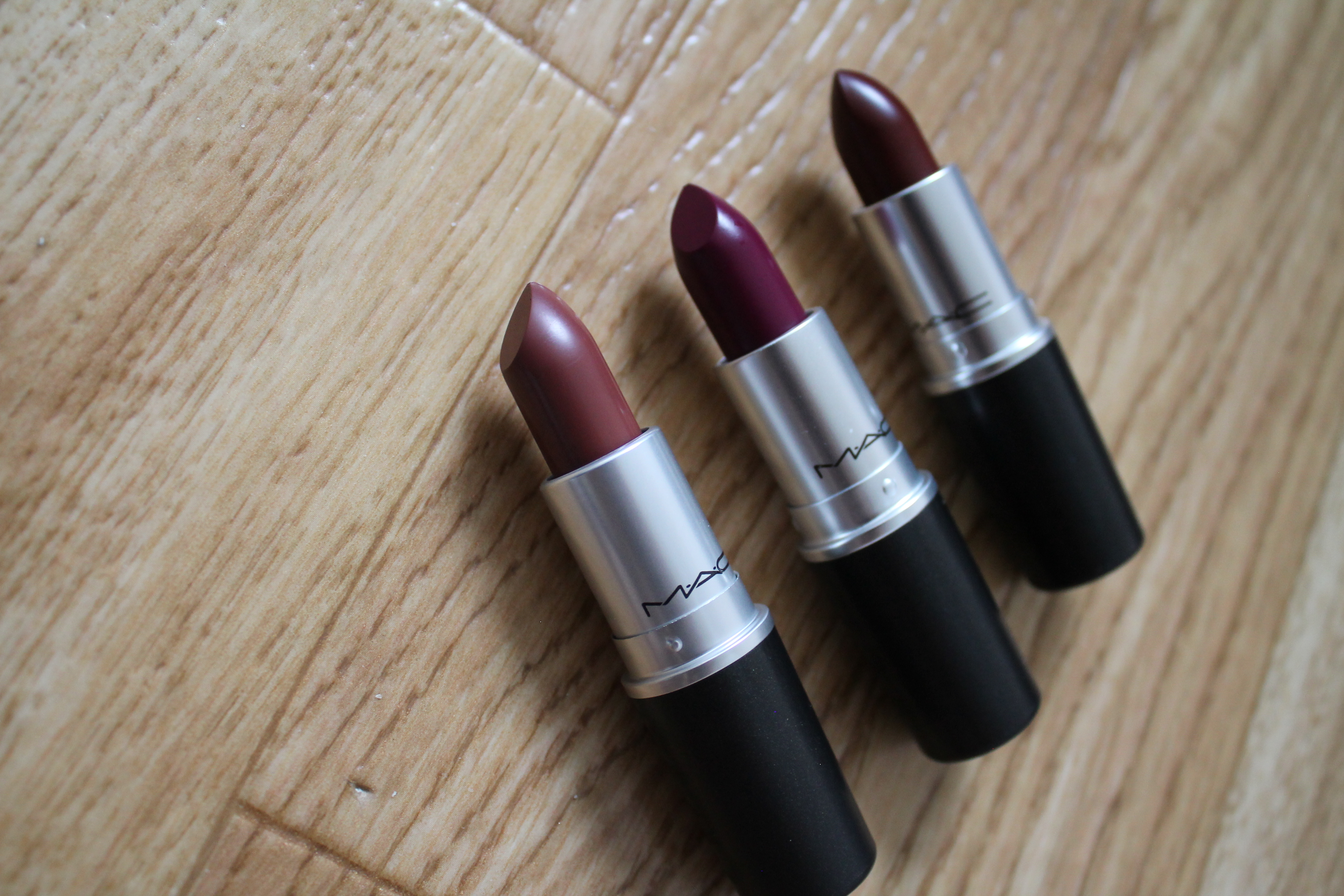 MAC Cosmetics Lipsticks in Verve, Rebel & Sin.